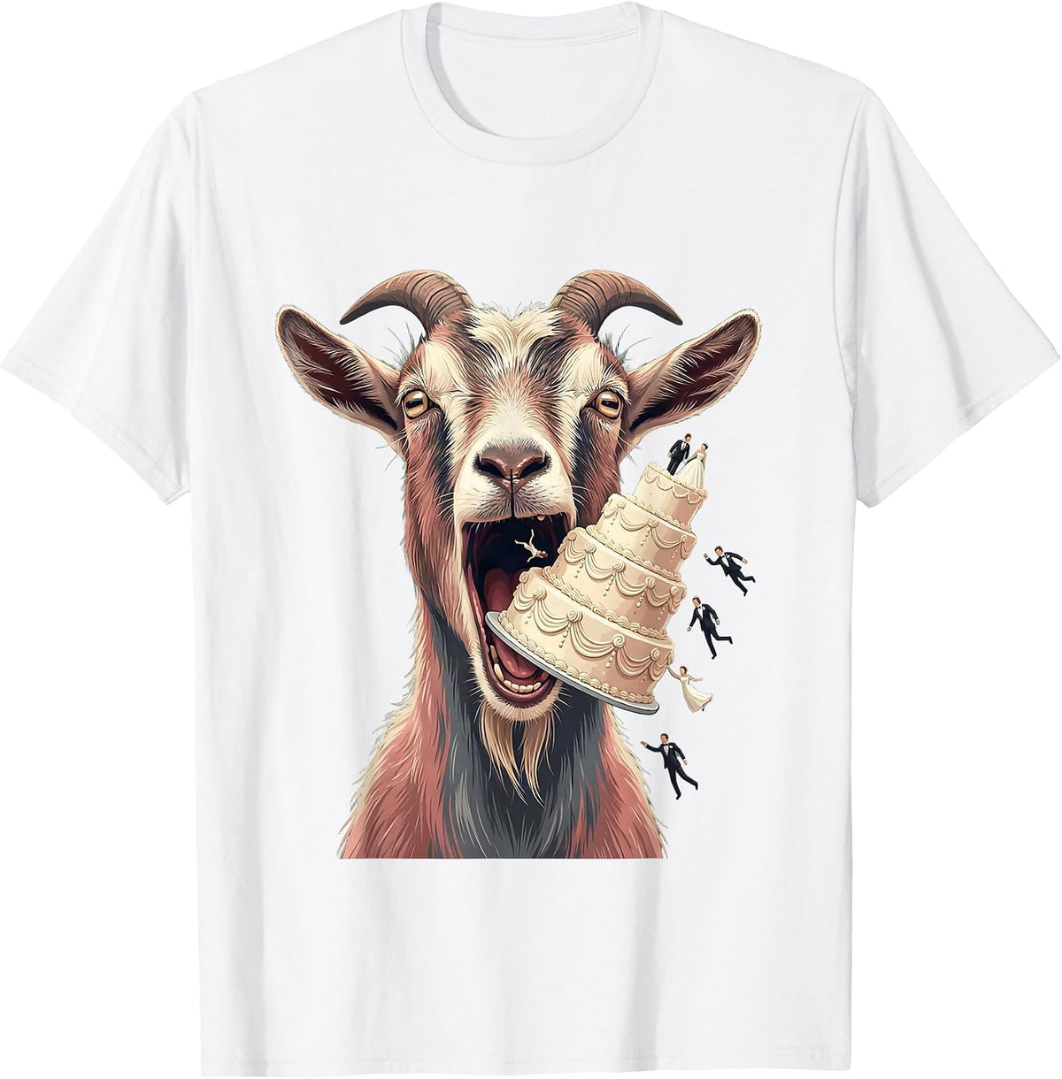 Goat Eating Wedding Cake Funny Animal Illustration T-Shirt - White