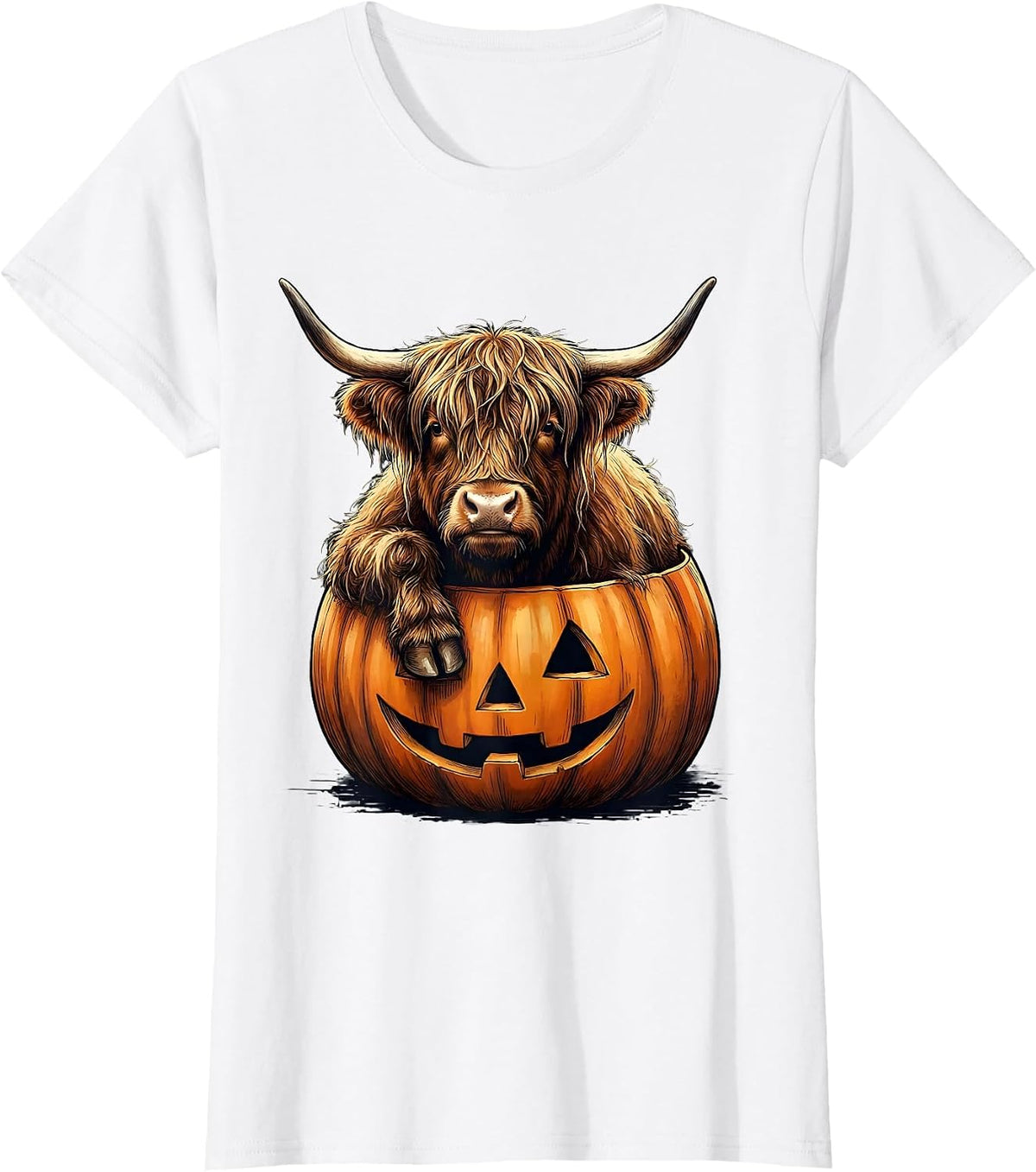 Shaggy Highland Cow Pumpkin Bucket Halloween Humor T-Shirt - White