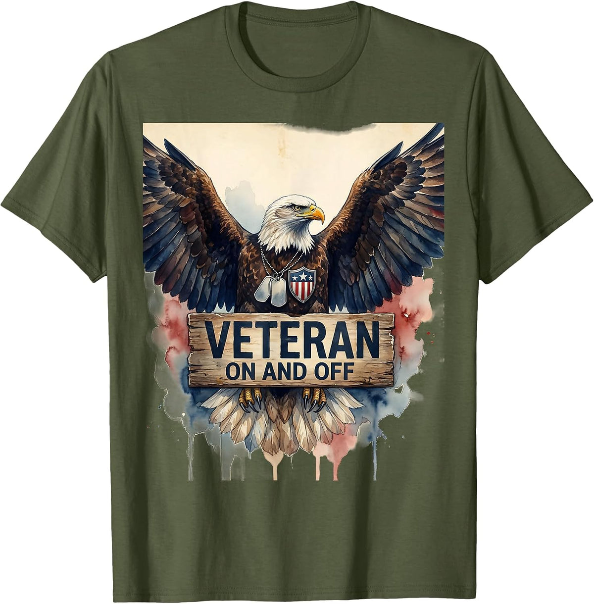 Veteran On and Off Proud Military Design T-Shirt - Olive Green
