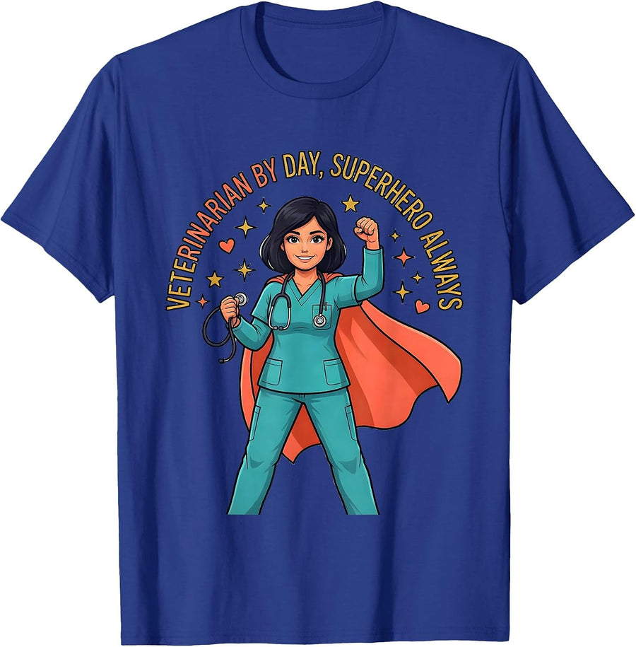 VETERINARIAN BY DAY, SUPERHERO ALWAYS Cartoon Vet Gift T-Shirt - Royal Blue