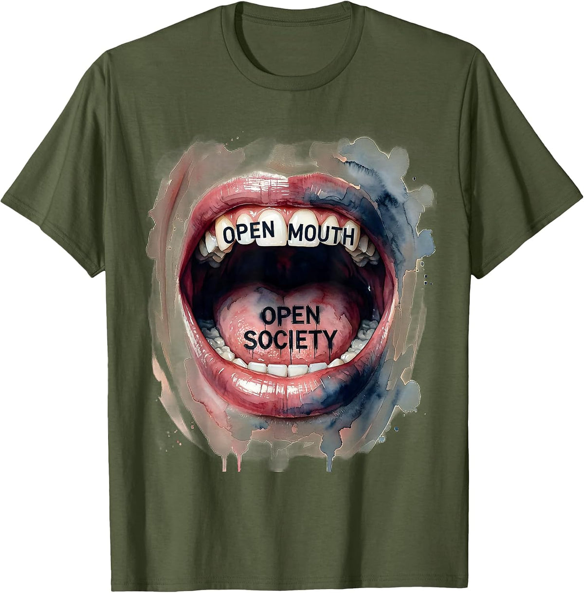 Men's Open Mouth Open Society Free Speech Design T-Shirt - Olive Green