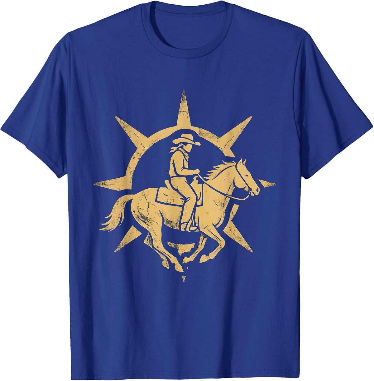 Cowgirl Riding Horse at Sunset Western Design T-Shirt - Royal Blue