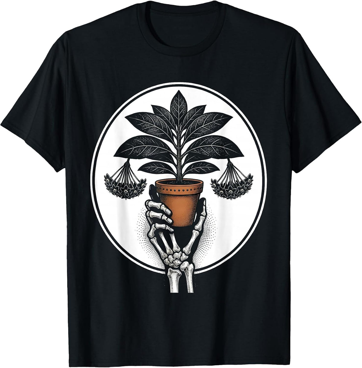 Men's Skeletal Hand Hoya Blackwork Plant Lover Grunge Humor T-Shirt - Black