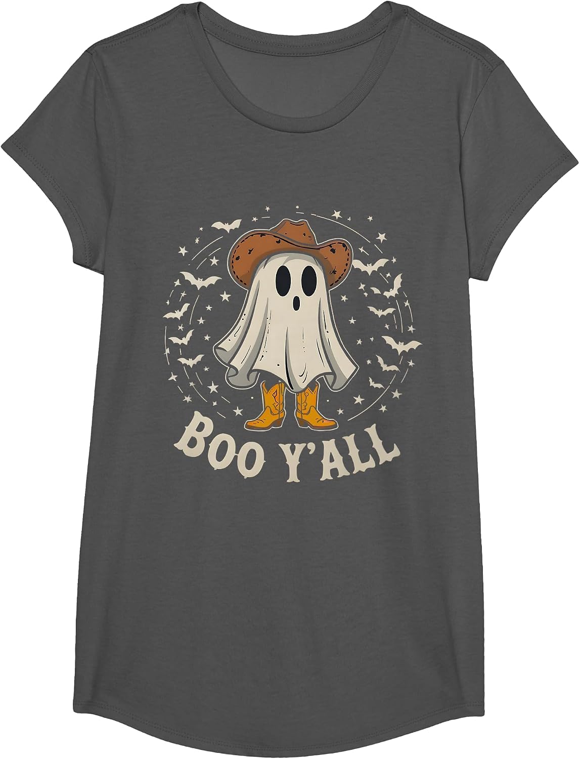 Western Country Halloween Southern Retro Ghost Boo Y'all T-Shirt - Girls Asphalt Grey