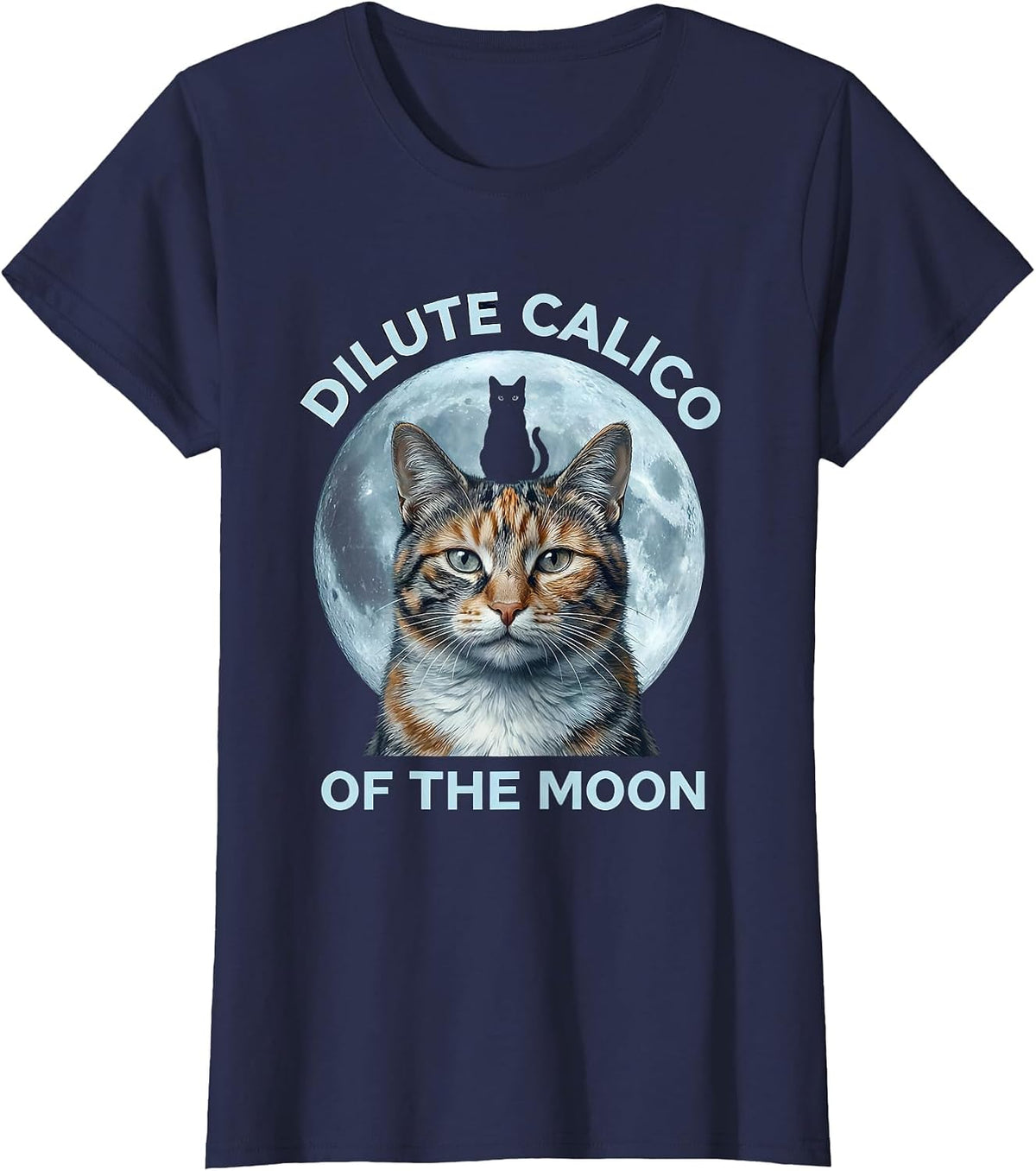 Women's Dilute Calico Of The Moon Retro Cat Lover Humor T-Shirt - Navy Blue