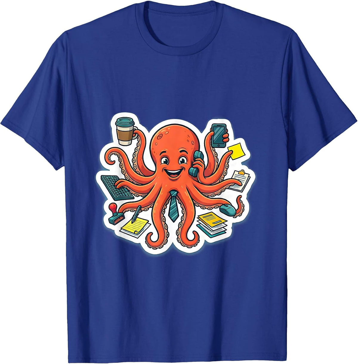 Funny Octopus Multitasking Office Jobs Illustration T-Shirt - Royal Blue