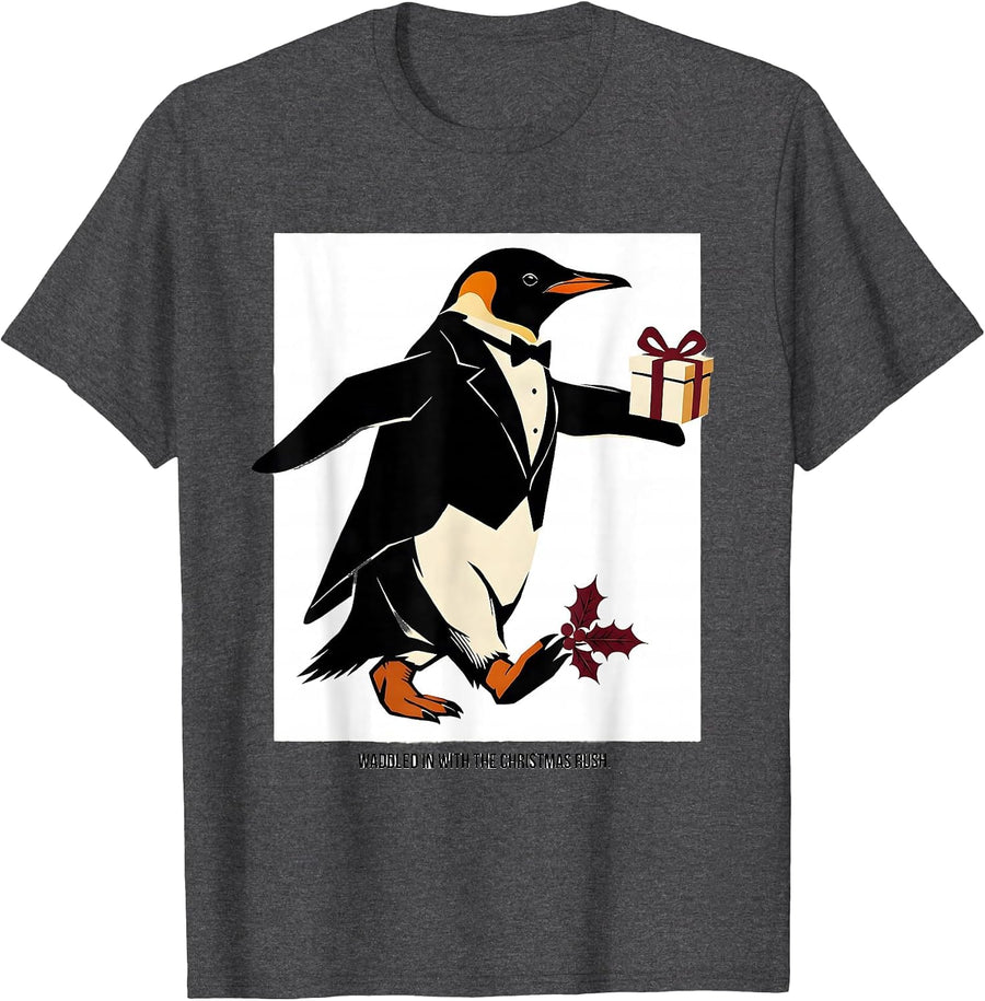 Men's Waddled In With The Christmas Rush Funny Penguin Lover Gift T-Shirt - Dark Heather Grey