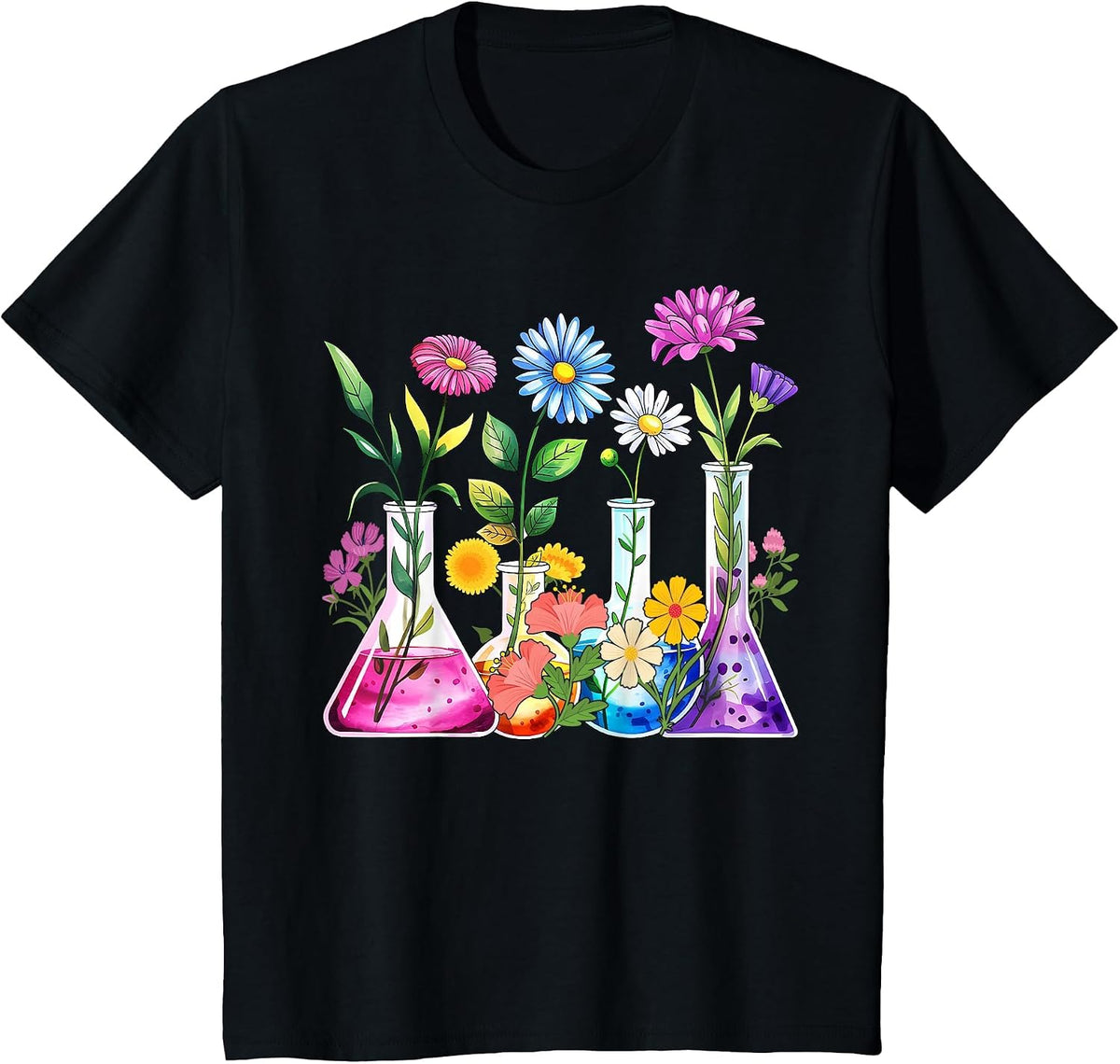 Floral Beakers Laboratory Chemistry Lab Scientist Lab Tech T-Shirt - Black