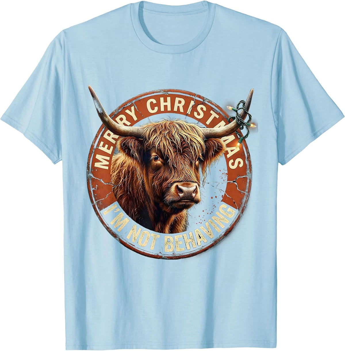 Men's Merry Christmas, I'm Not Behaving Distressed Highland Cow T-Shirt - Baby Blue