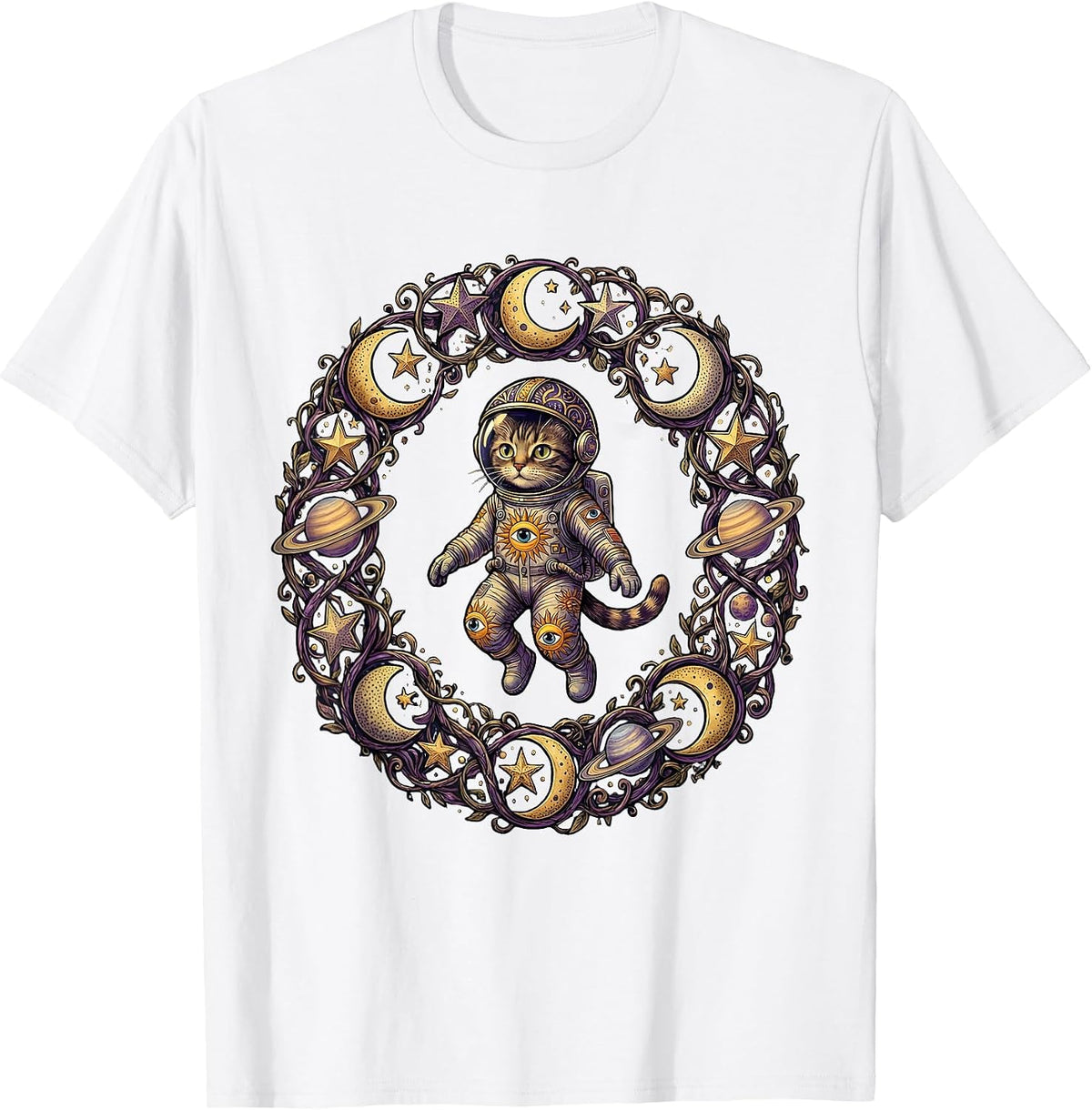 Men's Cat Astronaut Floating in Outer Space Illustration T-Shirt - White