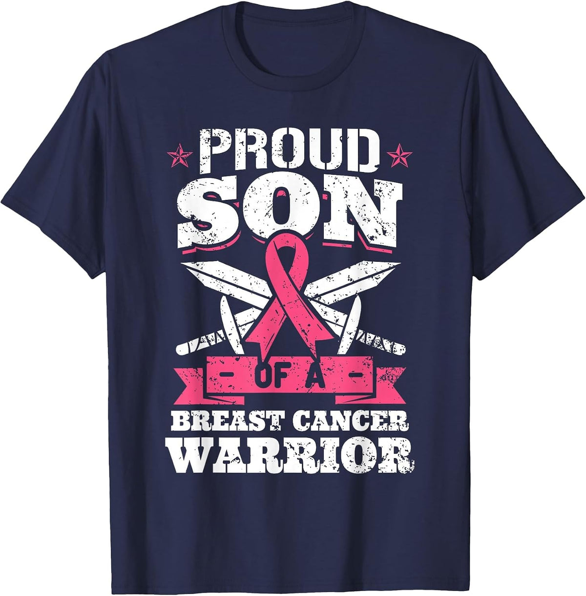 Proud Son of Breast Cancer Warrior Pink Awareness Ribbon T-Shirt - Navy Blue