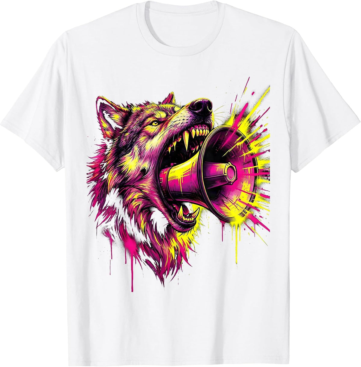 Men's Wolf Howling Megaphone Rock Music Graphic T-Shirt - White