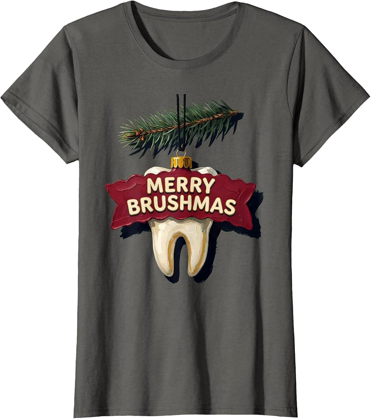 Women's Merry Brushmas Funny Dental Christmas Dentist Hygienist Gift T-Shirt - Asphalt Grey