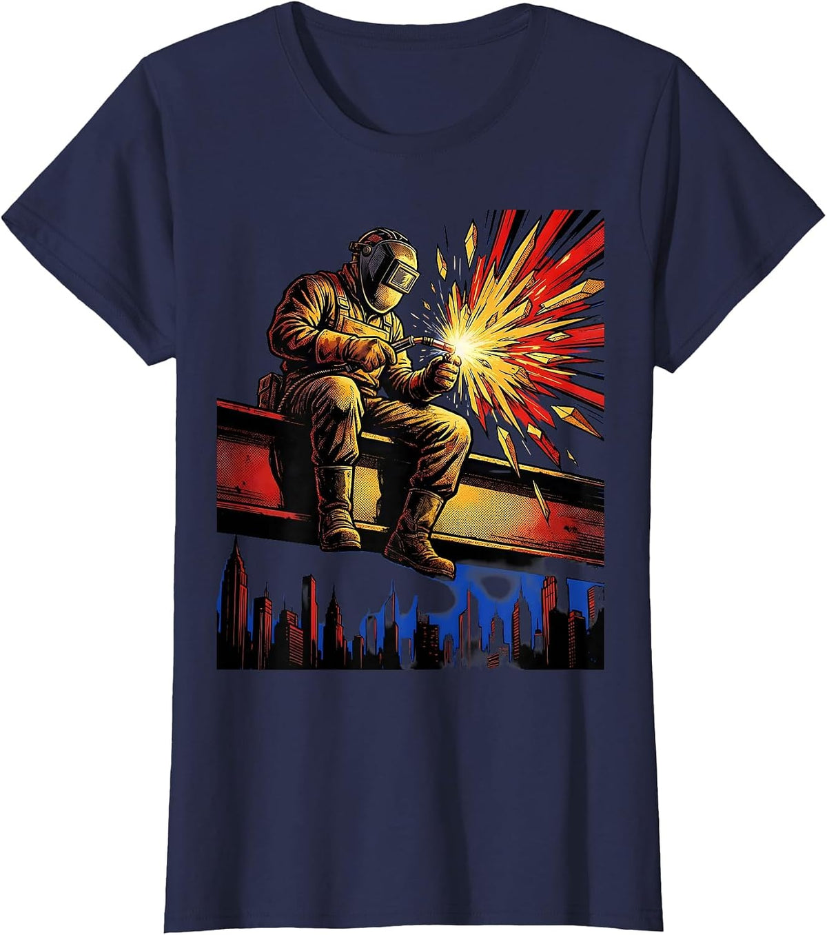 Women's Welder on Iron Beam Above City Skyline T-Shirt - Navy Blue