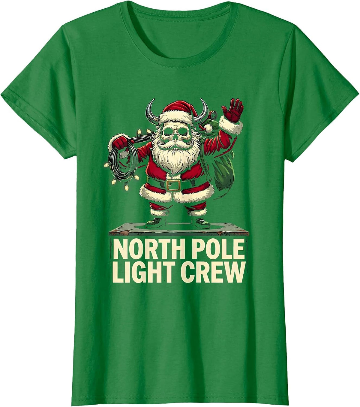Women's North Pole Light Crew Cartoon Heavy Metal Santa Claus T-Shirt - Kelly Green