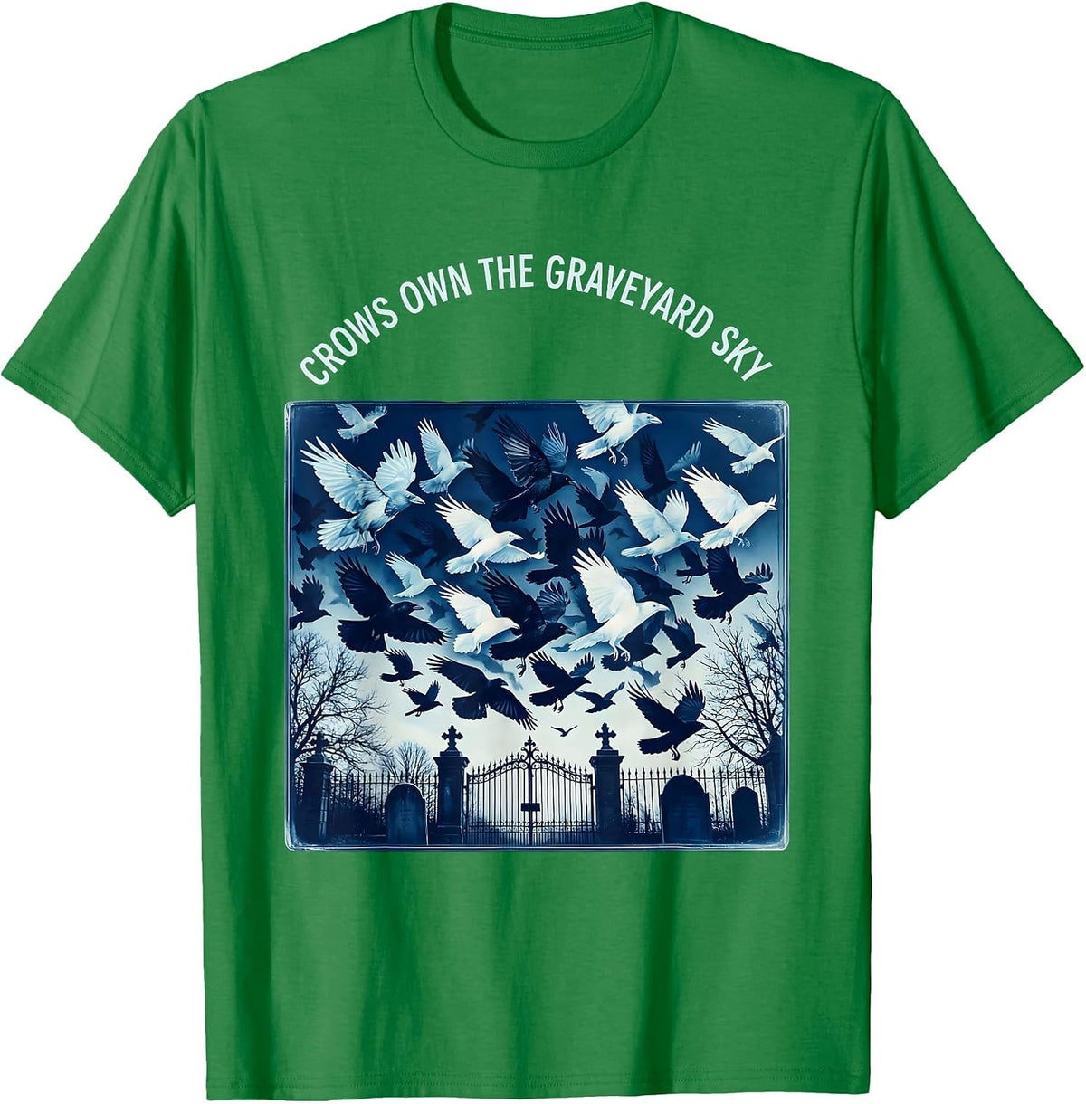 Men's Crows Own the Graveyard Sky Gothic Halloween Design T-Shirt - Kelly Green