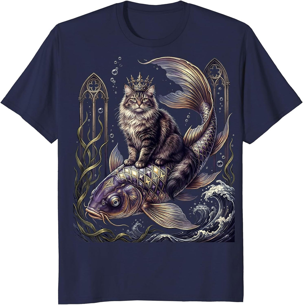 Cat Riding Giant Koi Fish Underwater Art T-Shirt - Navy Blue