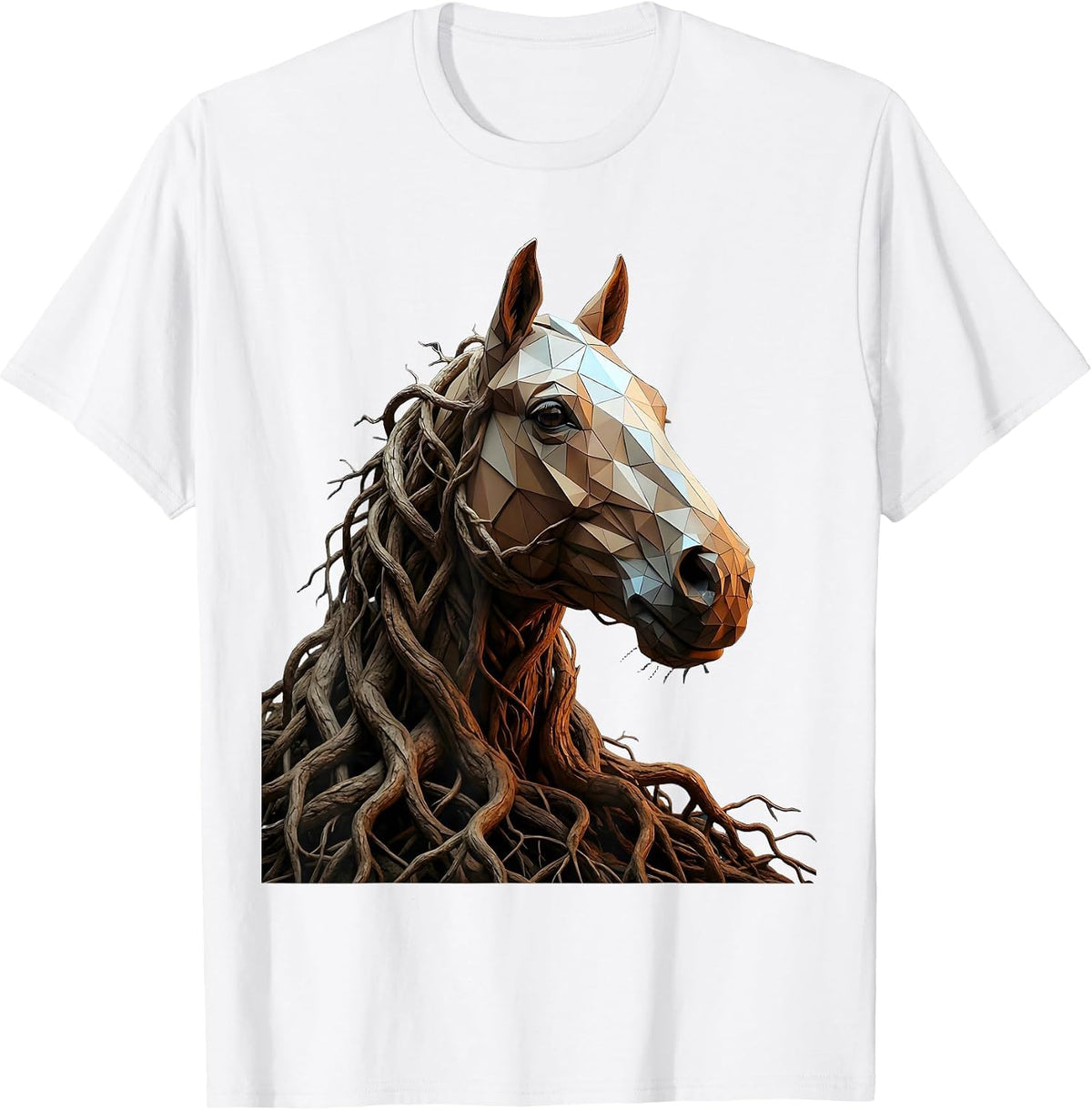 Men's Horse Head Twisted Tree Roots Nature Art Design T-Shirt - White