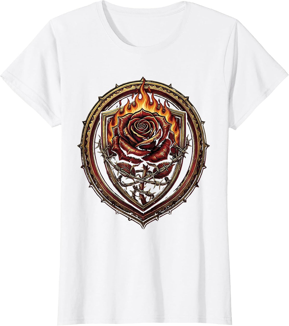 Women's Burning Rose Barbed Wire Metal Band Graphic T-Shirt - White