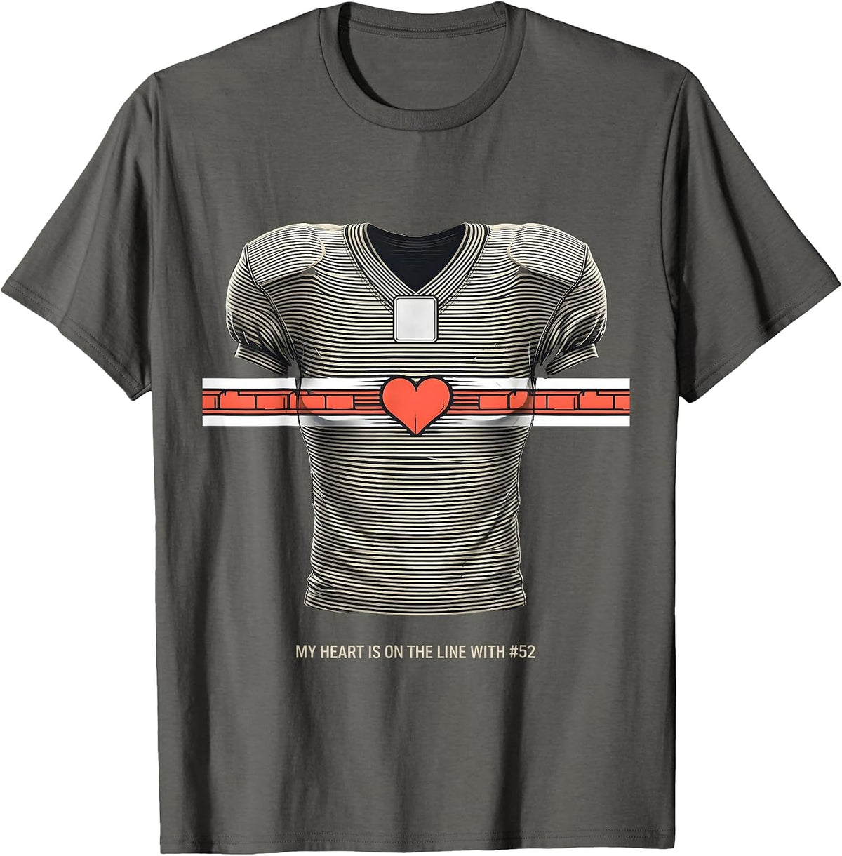 Men's My Heart Is On The Line With #52 Football Mom Jersey Number T-Shirt - Asphalt Grey