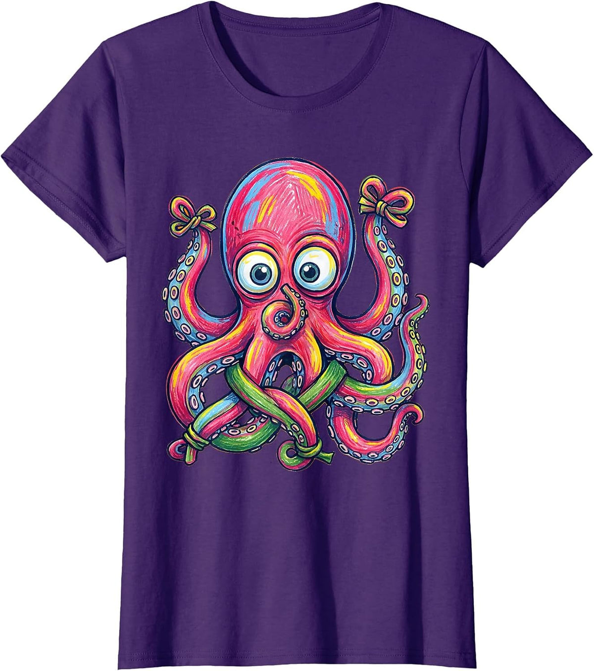 Women's Derpy Googly-Eyed Octopus Tangled Tentacles T-Shirt - Purple