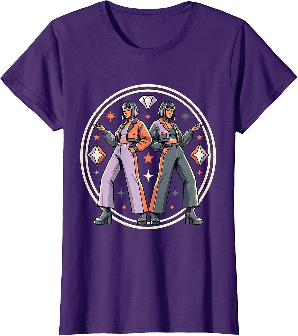 Women's K-Pop Duo Crop Jacket Matching Fits Graphic T-Shirt - Purple