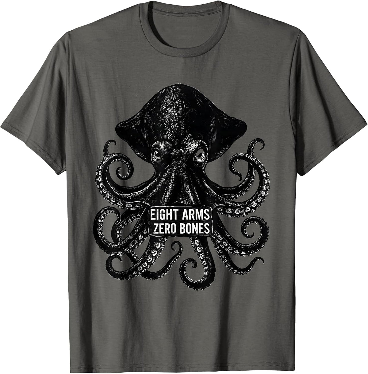 Eight Arms, Zero Bones Scratchboard Octopus Sea Creature T-Shirt - Asphalt Grey