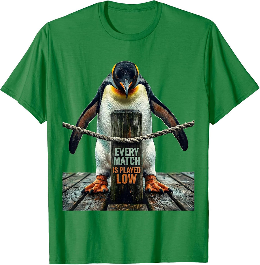 Men's Every Match Is Played Low Funny Penguin Martial Arts Humor T-Shirt - Kelly Green