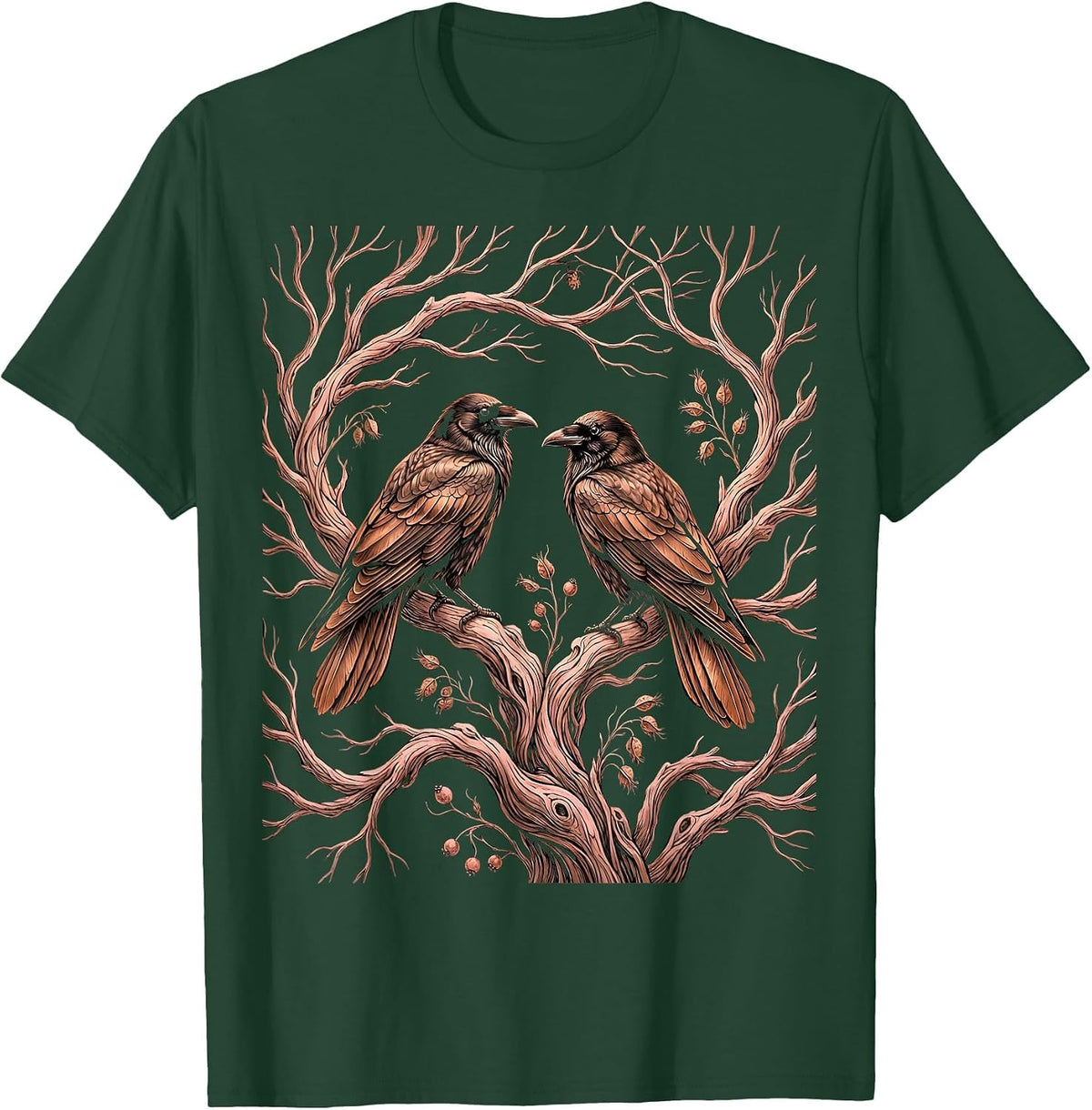 Crows on Bare Winter Tree Branches Illustration T-Shirt - Dark Green