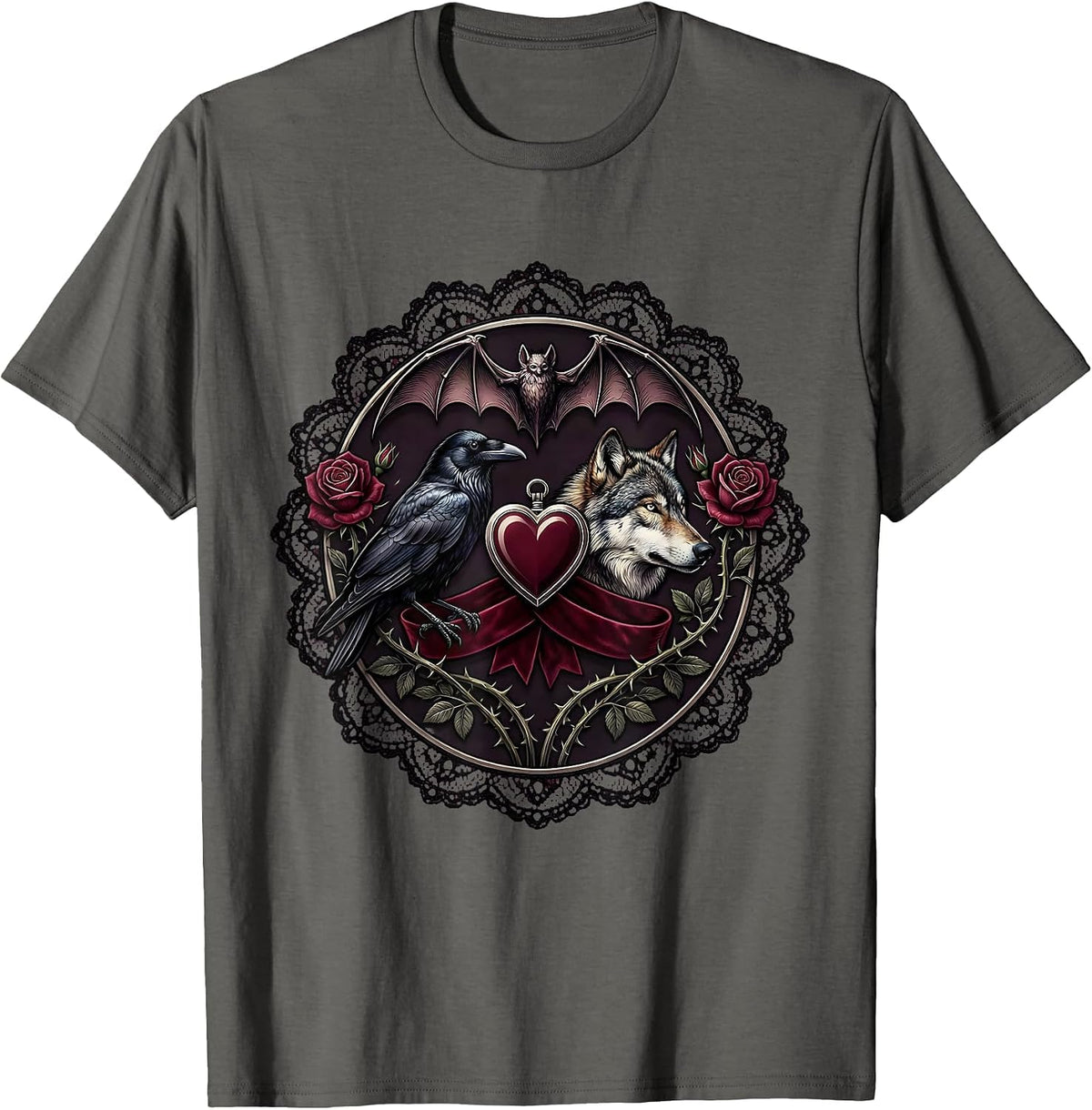 Men's Crow and Wolf Side by Side Wildlife Art Design T-Shirt - Asphalt Grey
