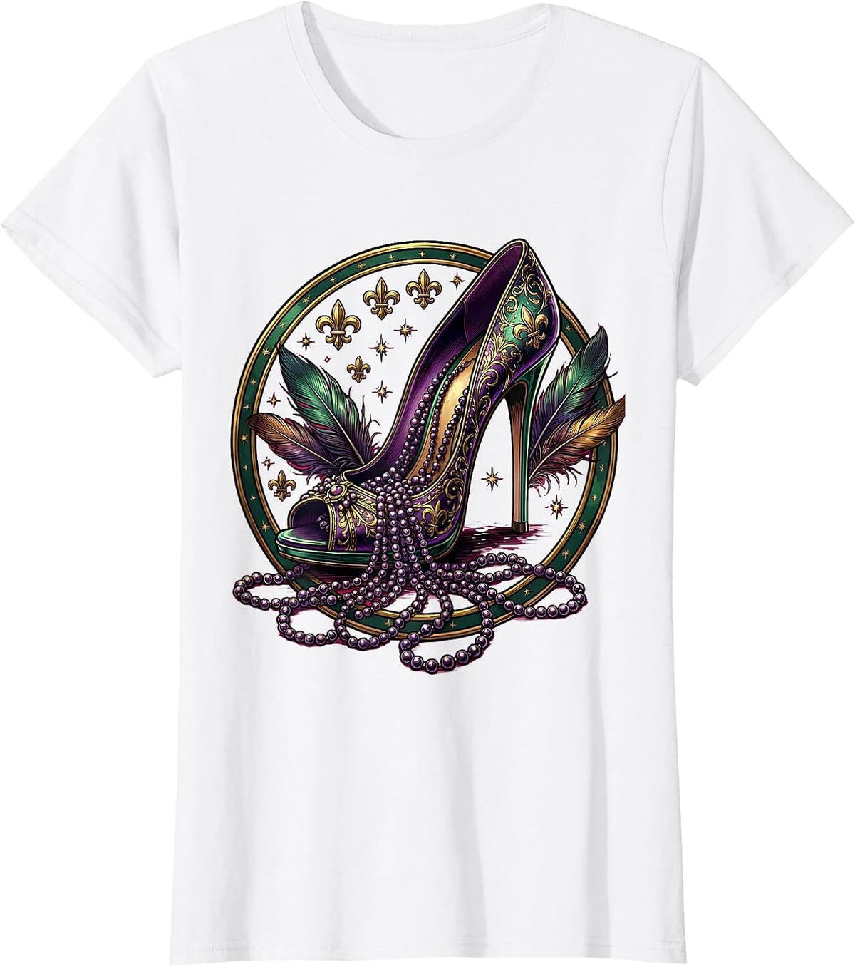 Mardi Gras High Heel Beads Festive Illustration T-Shirt - White