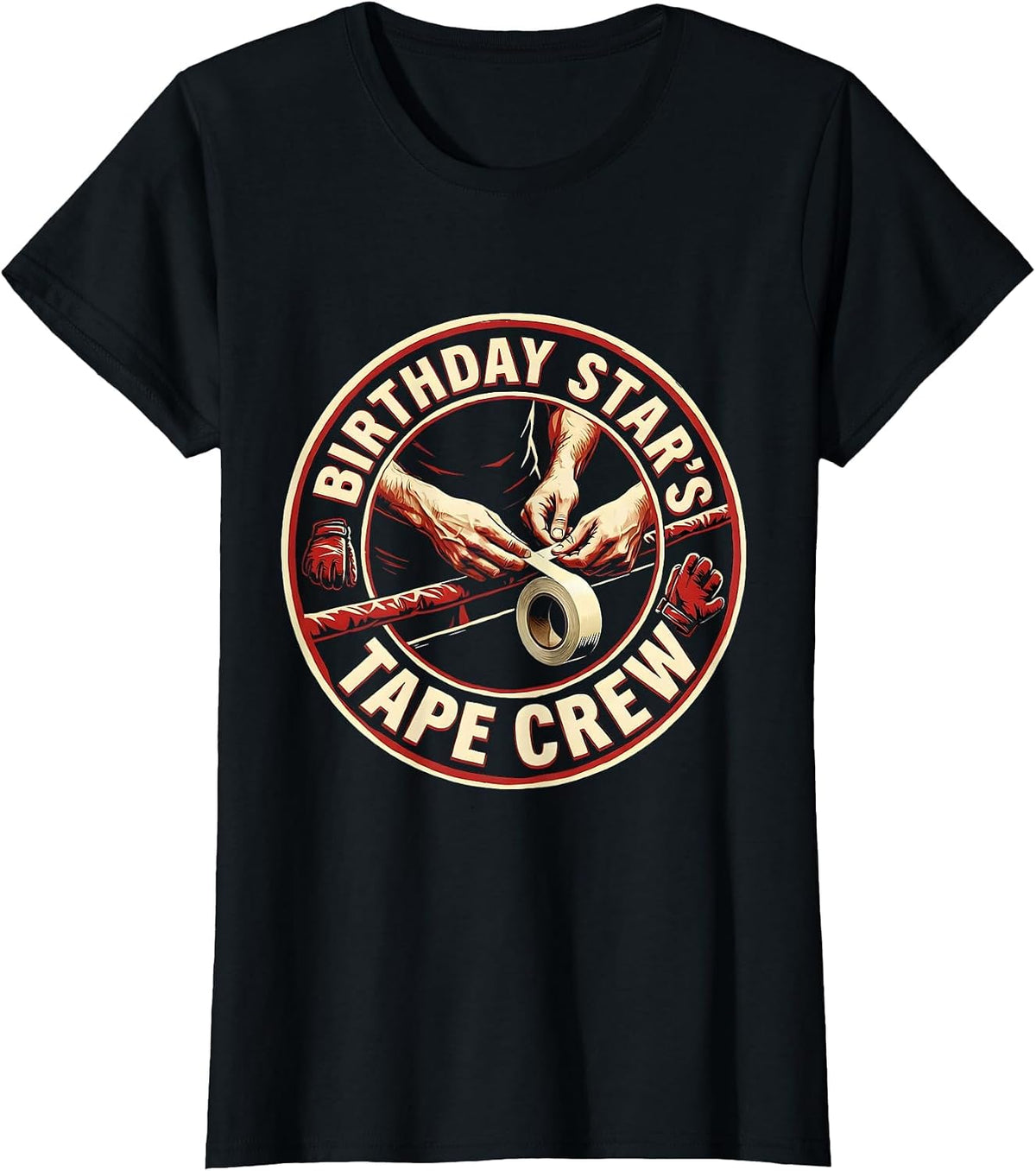 Women's Birthday Star's Tape Crew Stencil Graphic Boxing Theme Party T-Shirt - Black