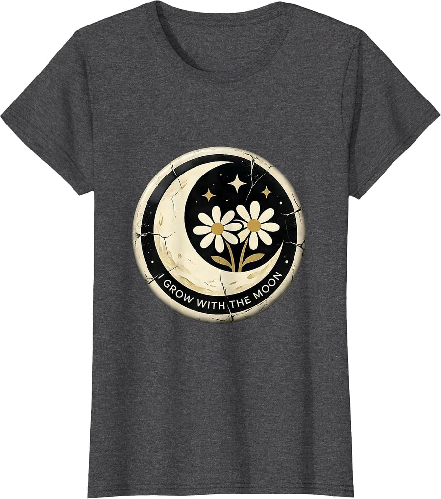 Women's I Grow With The Moon Boho Celestial Moon Phase Botanical T-Shirt - Dark Heather Grey