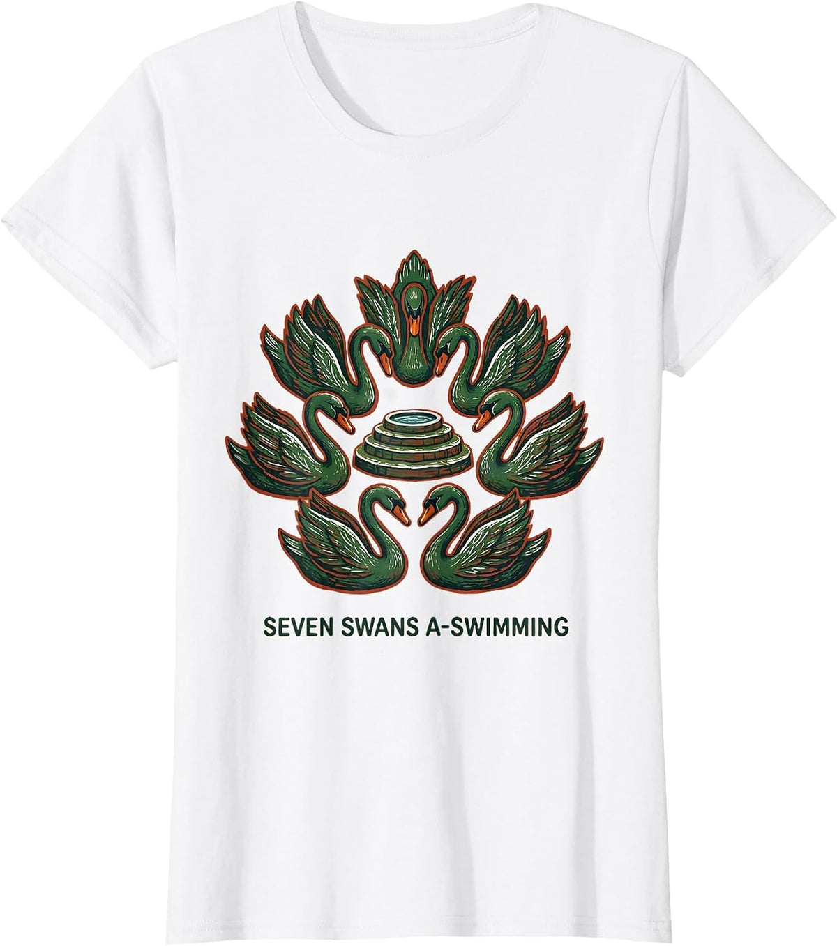 Seven Swans A-Swimming Folk Art Christmas Carol Verse T-Shirt - White