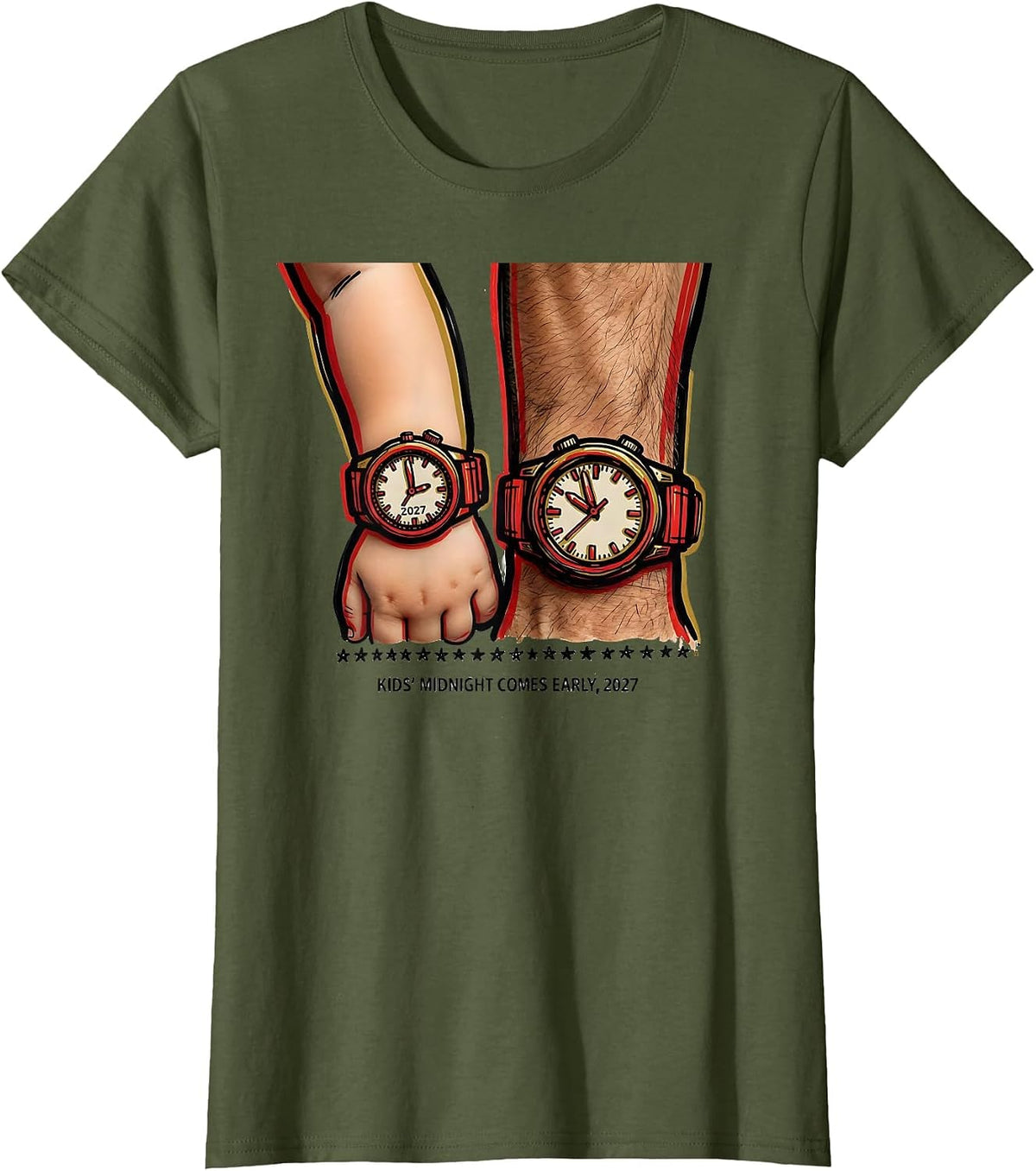 Women's Kids Midnight Comes Early 2027 Family New Year Party T-Shirt - Olive Green