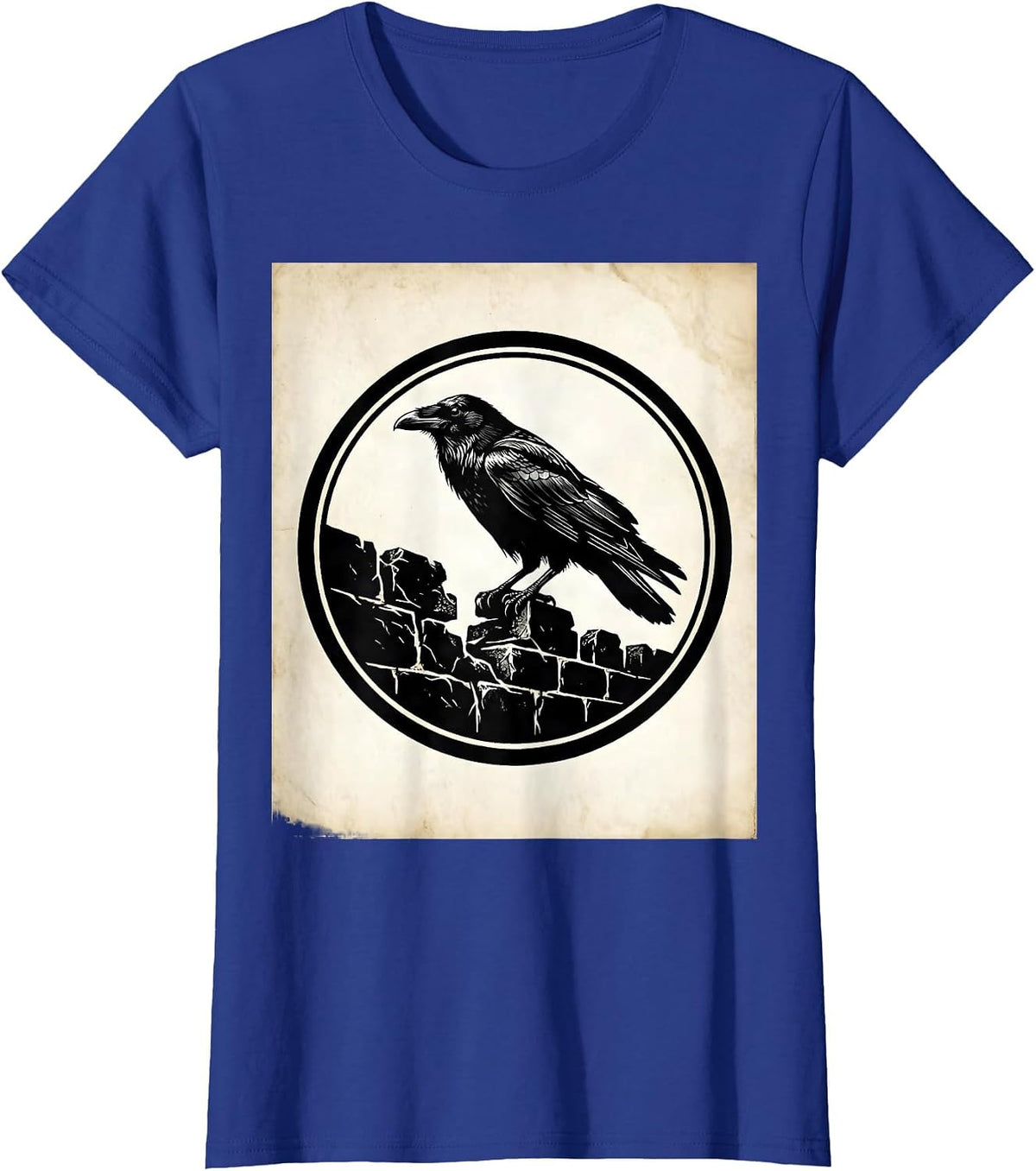 Women's Crow Perched on Crumbling Stone Wall T-Shirt - Royal Blue