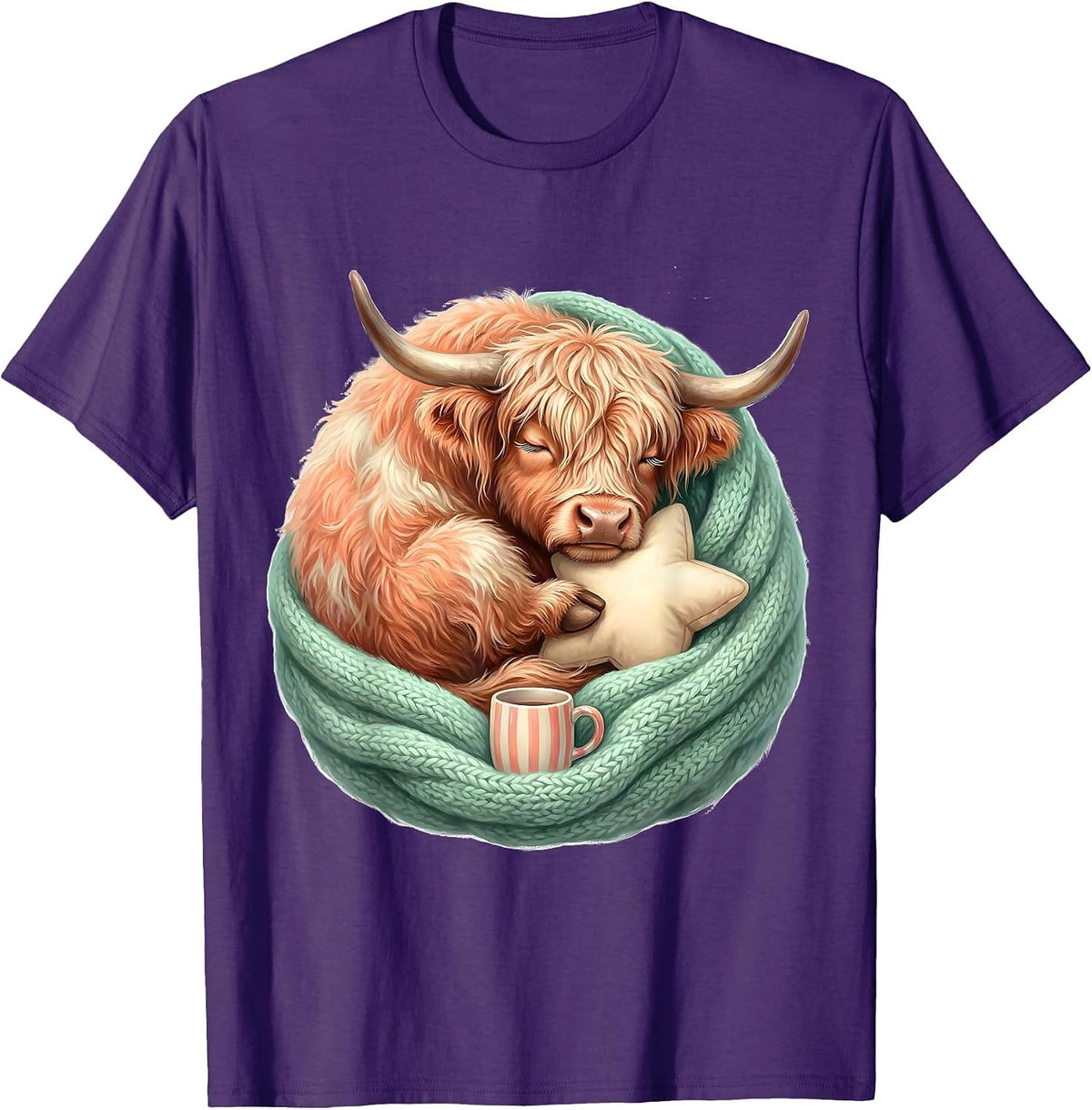 Sleepy Highland Cow Kawaii Holiday Pajama Gift T-Shirt - Purple