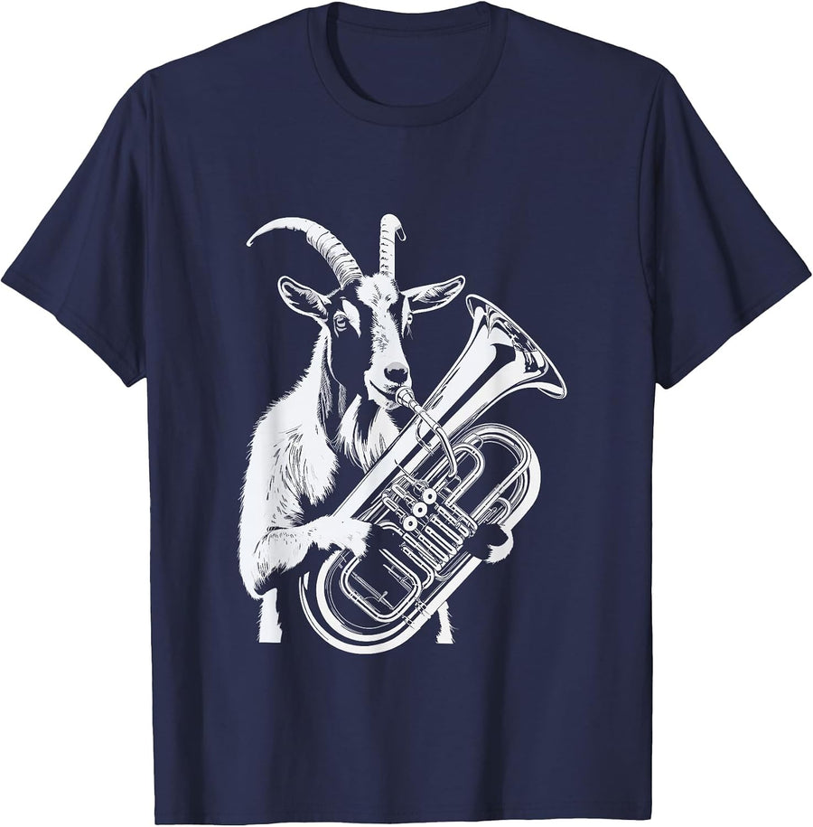 Goat Playing Tuba Music Animal Fun T-Shirt - Navy Blue
