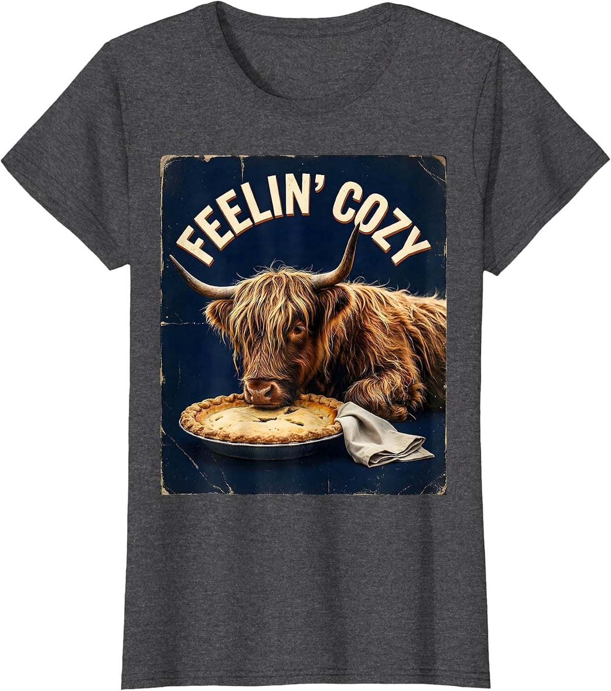 Women's Feelin Cozy Vintage Highland Cow Thanksgiving Gratitude T-Shirt - Dark Heather Grey