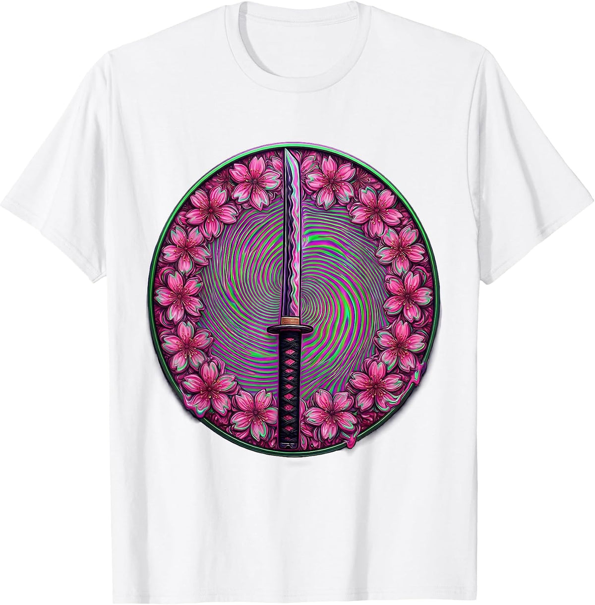 Katana Blade Cherry Blossom Japanese Art Design T-Shirt - White