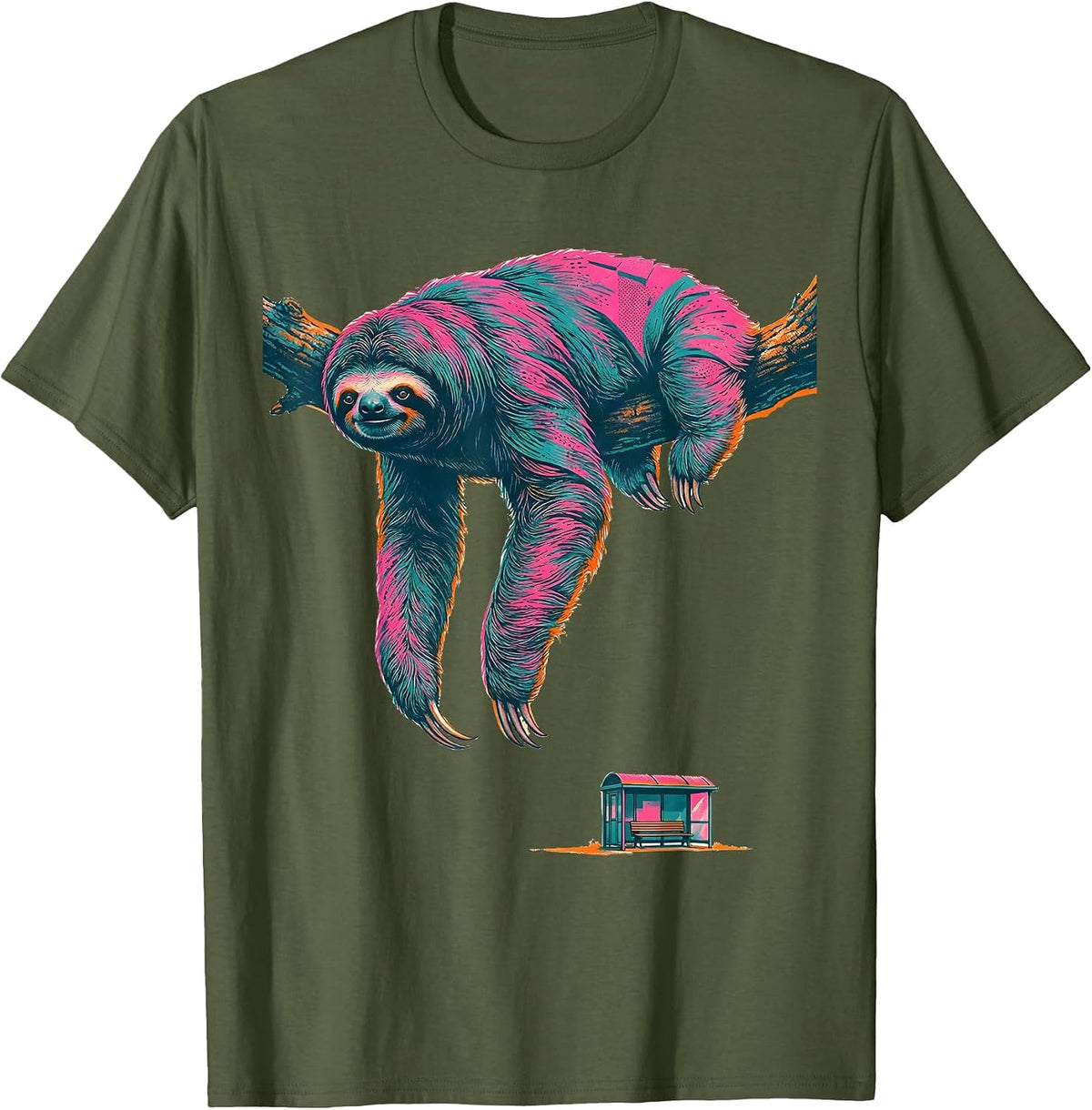 Men's Cropped Sloth Hanging Deadpan Lazy Humor Gift T-Shirt - Olive Green