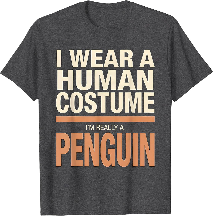 Men's I Wear A Human Costume; I'm Really A Penguin Funny T-Shirt - Dark Heather Grey