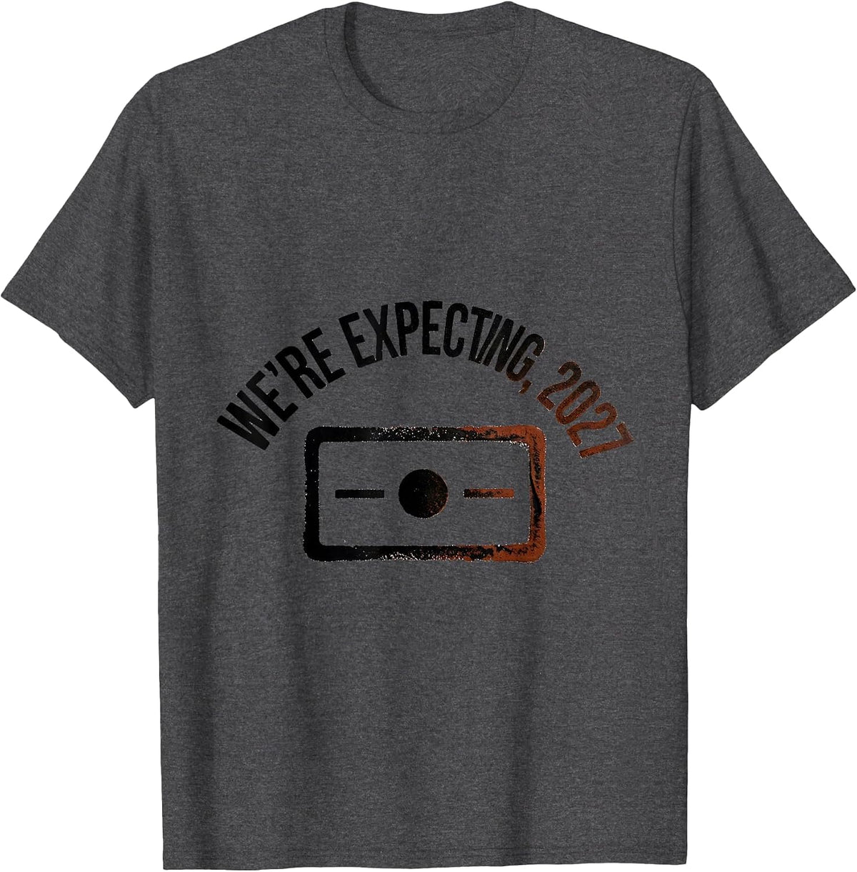We're Expecting, 2027 Rubber Stamp Pregnancy Announcement T-Shirt - Dark Heather Grey