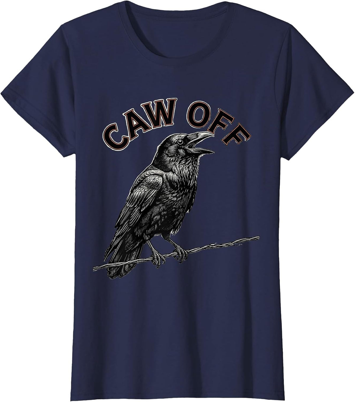 Women's CAW OFF Crosshatch Etching Crow Bird-Pun Humor T-Shirt - Navy Blue