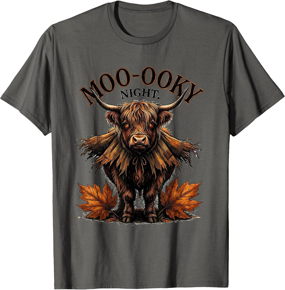 Moo-ooky Night Whimsical Highland Cow Halloween Fall Costume T-Shirt - Asphalt Grey