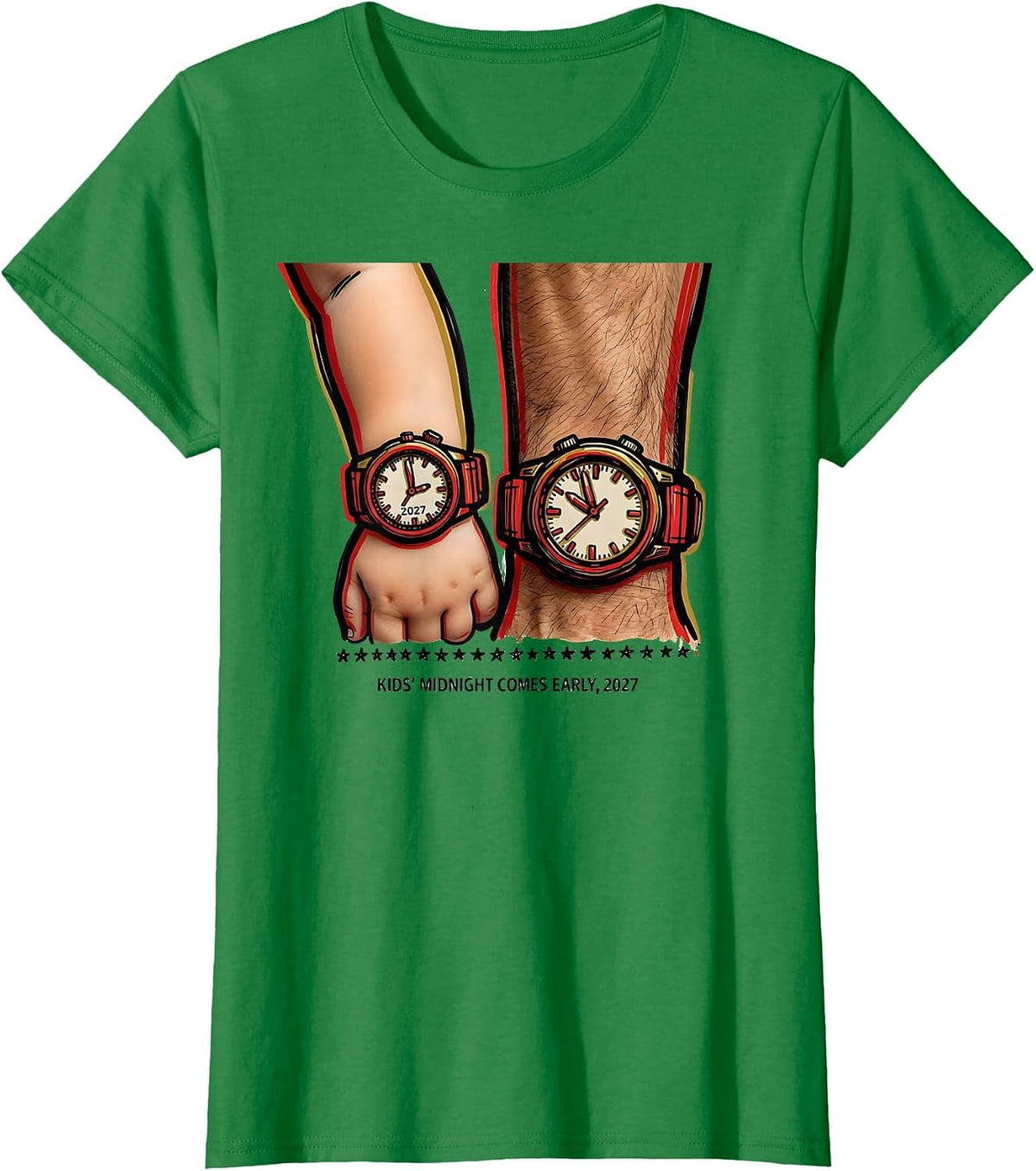 Women's Kids Midnight Comes Early 2027 Family New Year Party T-Shirt - Kelly Green