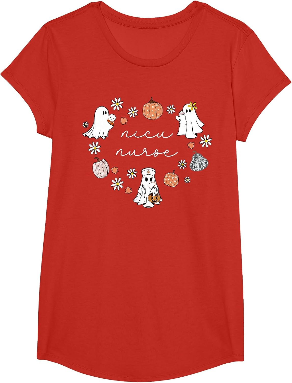 NICU Nurse Halloween Ghosts Pumpkin Floral Fall Neonatal ICU T-Shirt - Girls Red