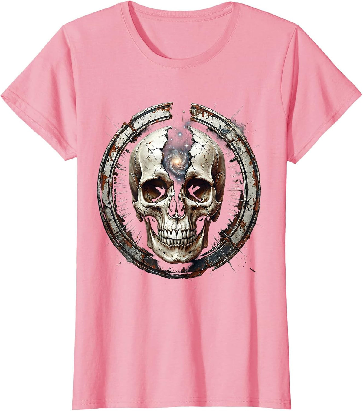 Women's Cosmic Skull Galaxy Universe Split Open Design T-Shirt - Pink