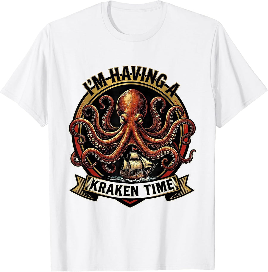Men's I'm Having A Kraken Time Tattoo Vintage Sea Monster Octopus T-Shirt - White
