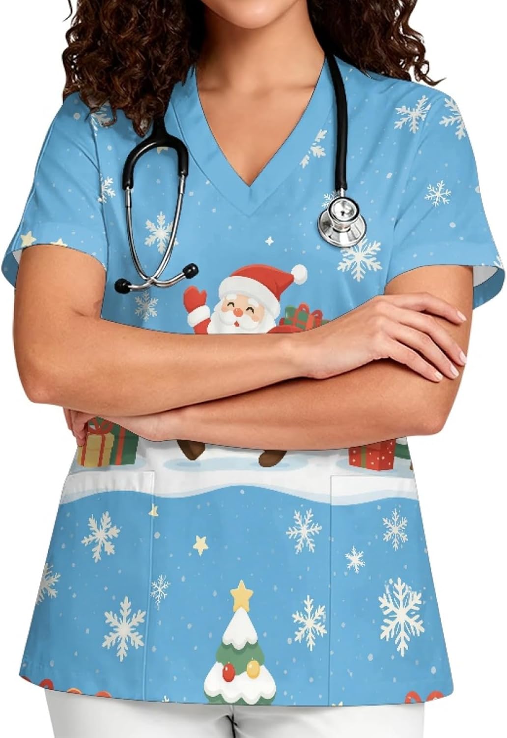 Printed Scrub Top for Women, V Neck Stretch Plus Size Work Uniform - Light Blue - Christmas Santa Snowflake Print